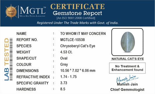 Cat's Eye - 4.53 Carats (Lahsuniya - 4.94 Ratti)