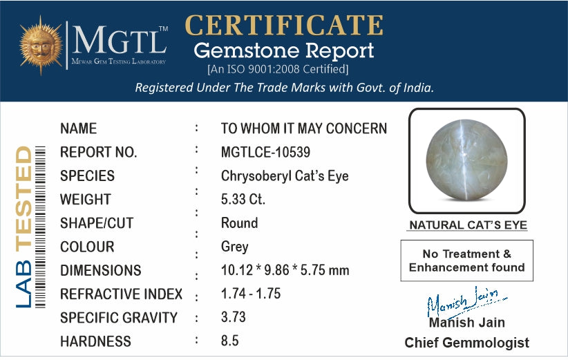 Cat's Eye - 5.33 Carats (Lahsuniya - 5.81 Ratti)