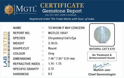 Cat's Eye - 3.18 Carats (Lahsuniya - 3.47 Ratti)