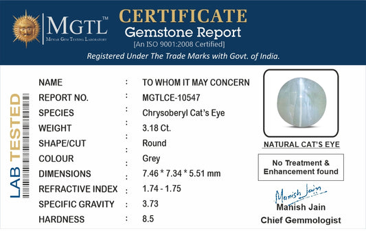 Cat's Eye - 3.18 Carats (Lahsuniya - 3.47 Ratti)