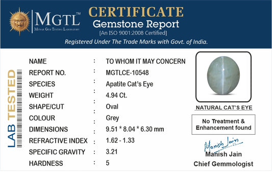 Cat's Eye - 4.94 Carats (Lahsuniya - 5.38 Ratti)