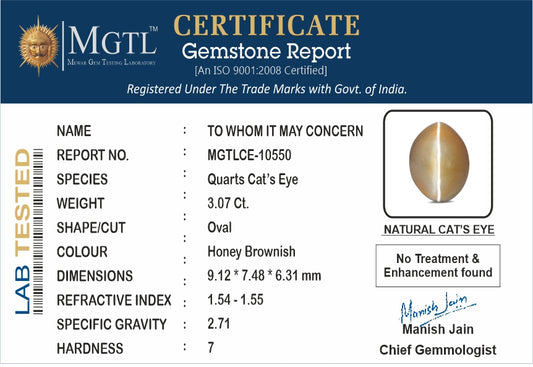 Cat's Eye - 3.07 Carats (Lahsuniya - 3.35 Ratti)