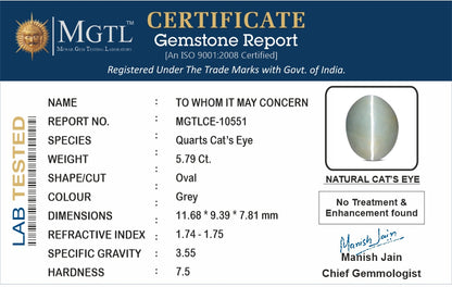 Cat's Eye - 5.79 Carats (Lahsuniya - 6.31 Ratti)