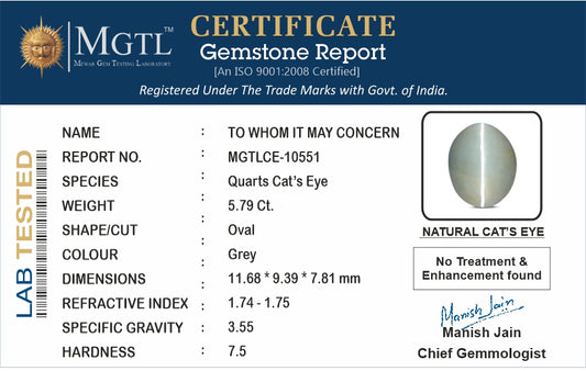 Cat's Eye - 5.79 Carats (Lahsuniya - 6.31 Ratti)