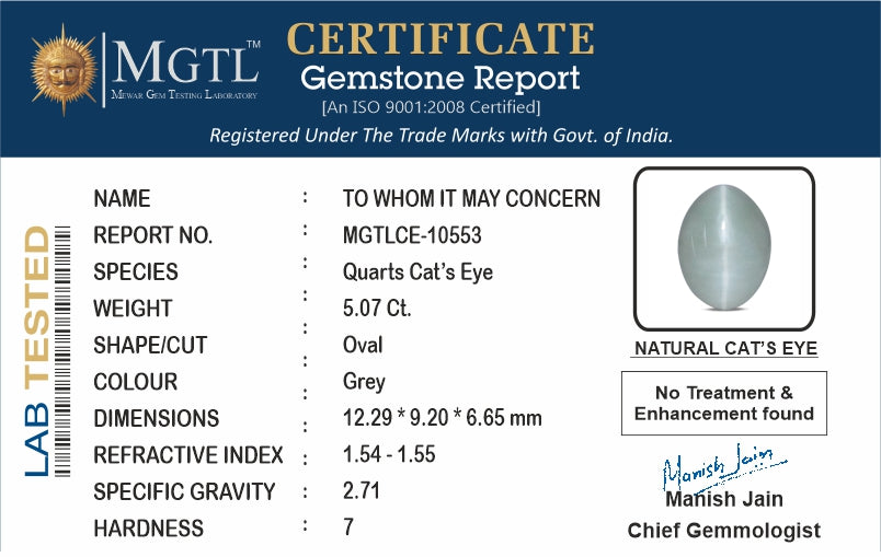 Cat's Eye - 5.07 Carats (Lahsuniya - 5.53 Ratti)