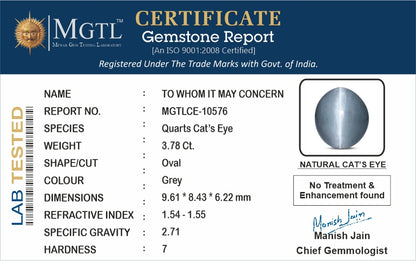 Cat's Eye - 3.78 Carats (Lahsuniya - 4.12 Ratti)