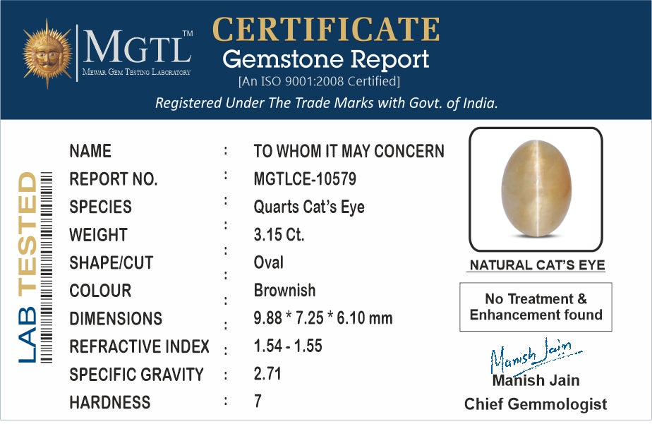Cats Eye (Lehsunia) - 3.15 Carats