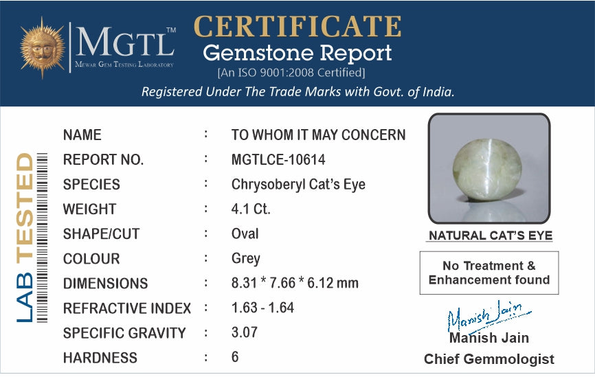 Cat's Eye - 4.10 Carats (Lahsuniya - 4.47 Ratti)