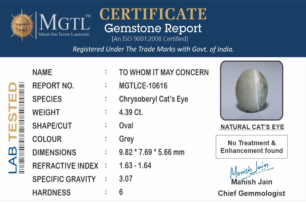 Cat's Eye - 4.39 Carats (Lahsuniya - 4.79 Ratti)