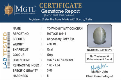 Cat's Eye - 4.39 Carats (Lahsuniya - 4.79 Ratti)