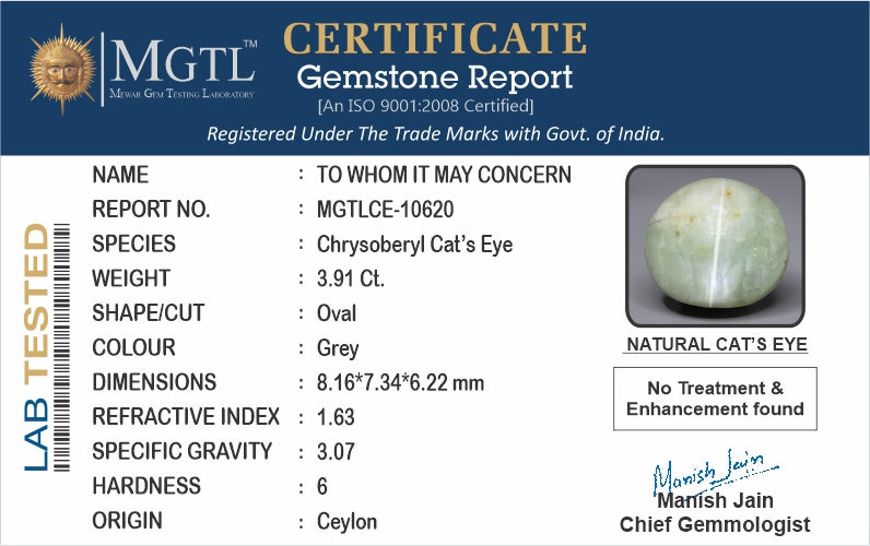 Cat's Eye - 3.91 Carats (Lahsuniya - 4.26 Ratti)