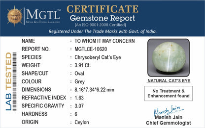 Cat's Eye - 3.91 Carats (Lahsuniya - 4.26 Ratti)