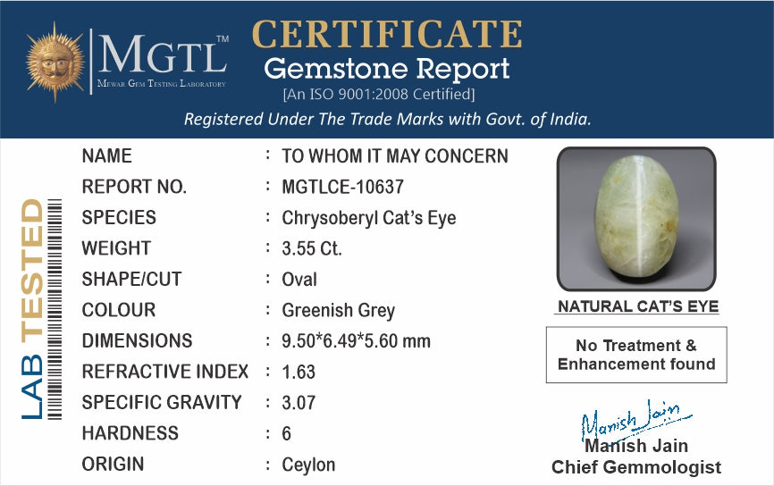 Cat's Eye - 3.55 Carats (Lahsuniya - 3.87 Ratti)