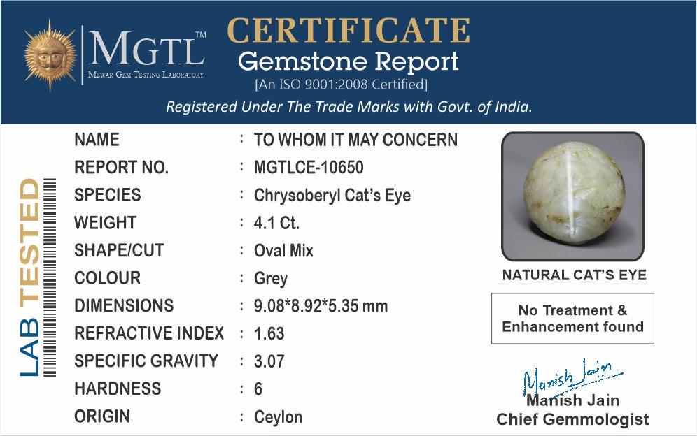 Cats Eye (Lehsunia) - 4.10 Carats