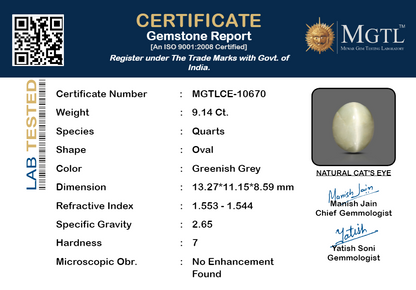 Cat's Eye - 9.14 Carats (Lahsuniya - 9.96 Ratti)