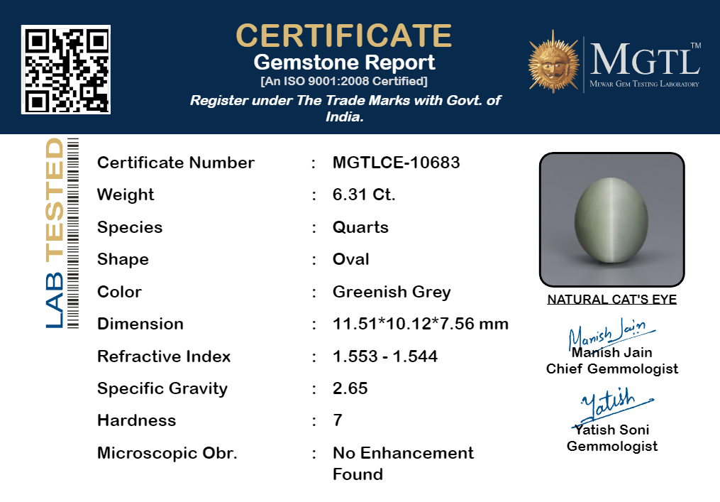 Cat's Eye - 6.31 Carats (Lahsuniya - 6.88 Ratti)
