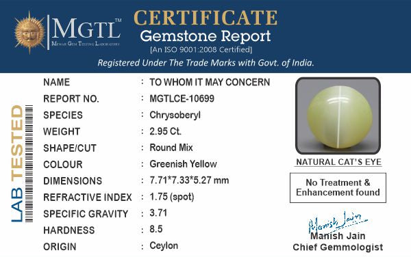 Cats Eye (Lehsunia) - 2.95 Carats