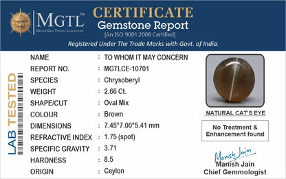 Cat's Eye - 2.66 Carats (Lahsuniya - 2.90 Ratti)