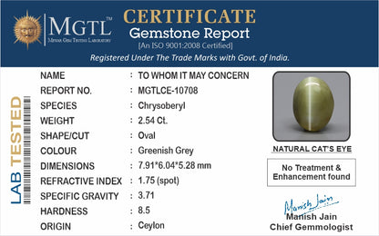 Cat's Eye - 2.54 Carats (Lahsuniya - 2.77 Ratti)
