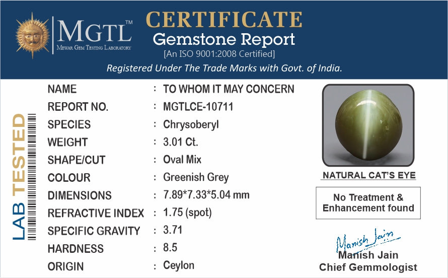 Cat's Eye - 3.01 Carats (Lahsuniya - 3.28 Ratti)