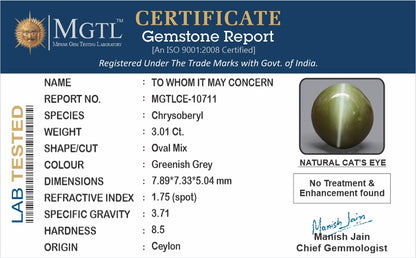 Cat's Eye - 3.01 Carats (Lahsuniya - 3.28 Ratti)