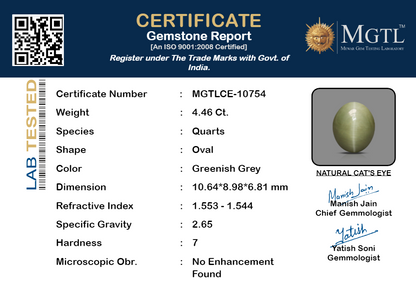 Cat's Eye - 4.46 Carats (Lahsuniya - 4.86 Ratti)