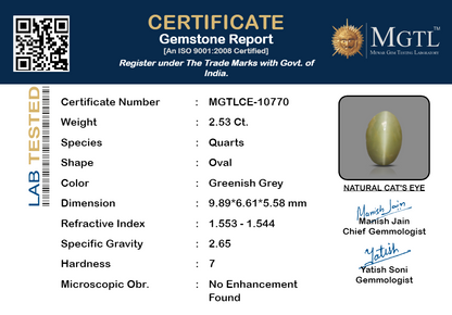 Cat's Eye - 2.53 Carats (Lahsuniya - 2.76 Ratti)