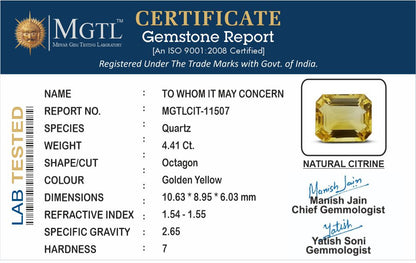 Citrine - 4.41 Carats (Sunela - 4.81 Ratti)