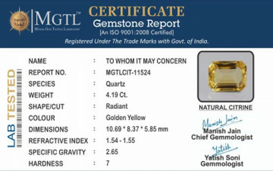 Citrine - 4.19 Carats (Sunela - 4.57 Ratti)