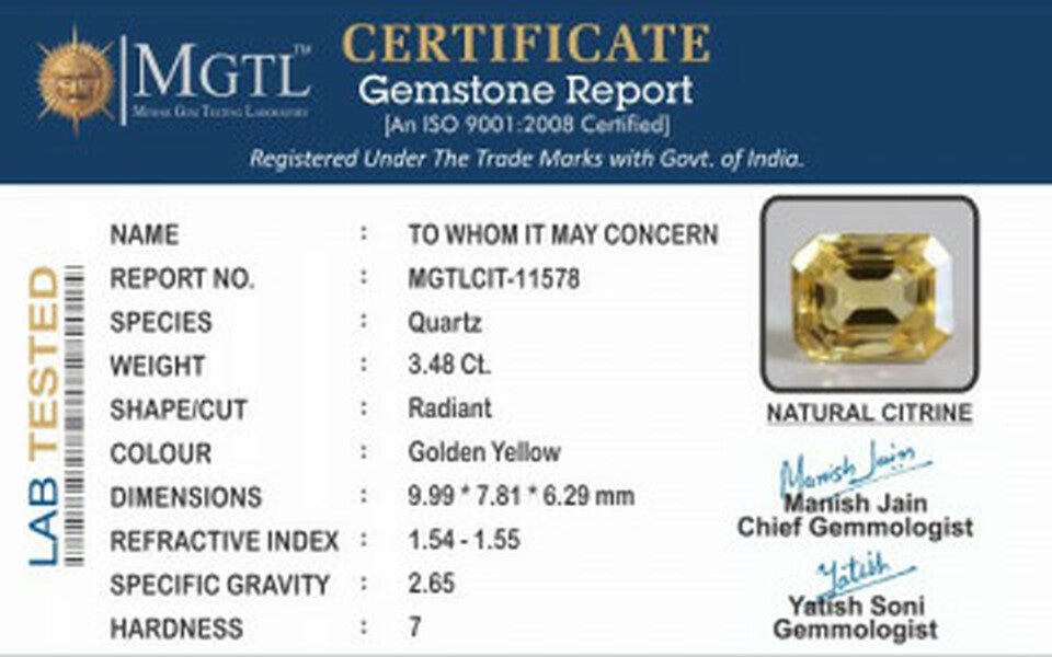 Citrine - 3.48 Carats (Sunela - 3.79 Ratti)