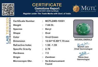 Emerald - 7.68 Carats (Panna - 8.37 Ratti)