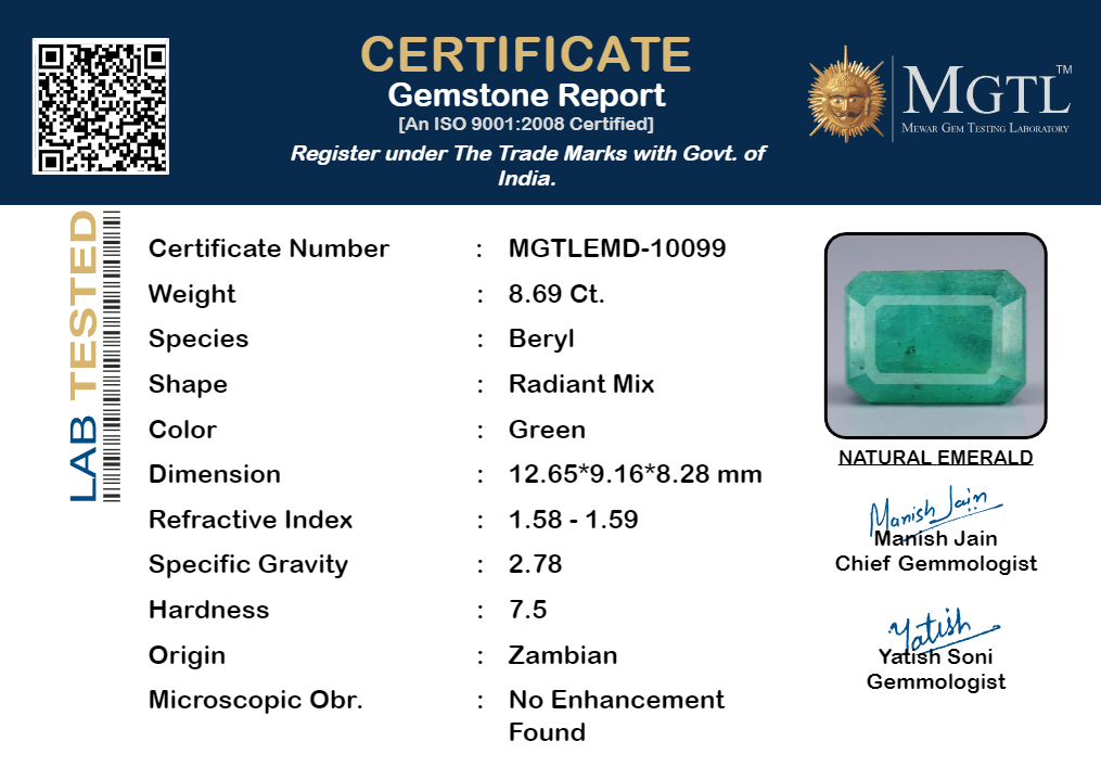 Emerald - 8.69 Carats (Panna - 9.47 Ratti)