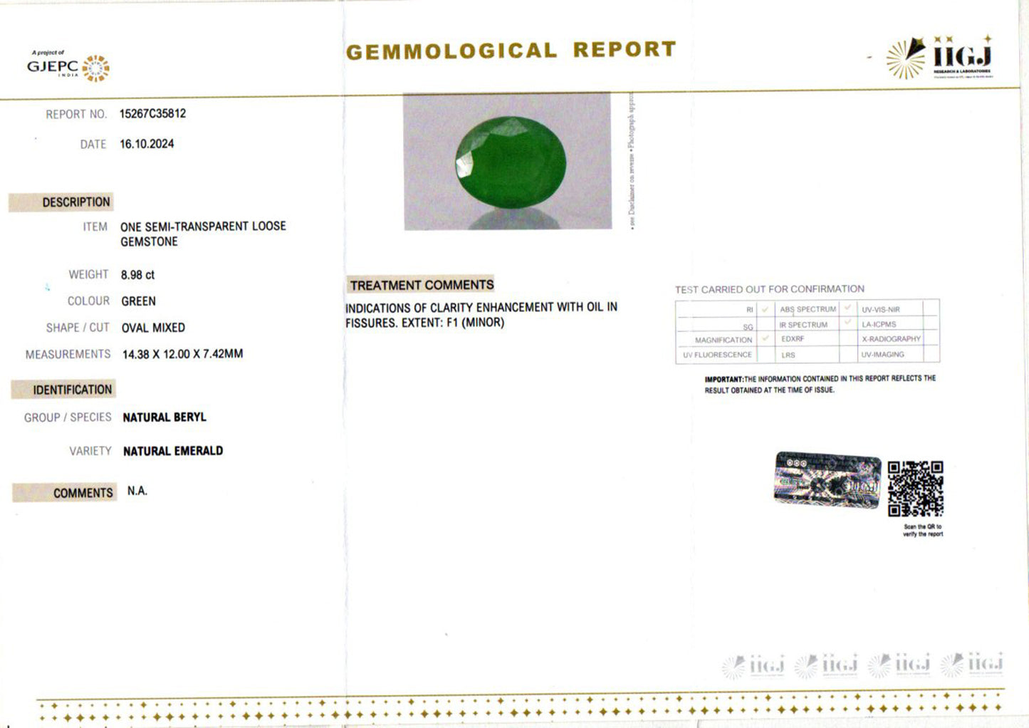 Emerald - 8.98 Carats (Panna - 9.79 Ratti)