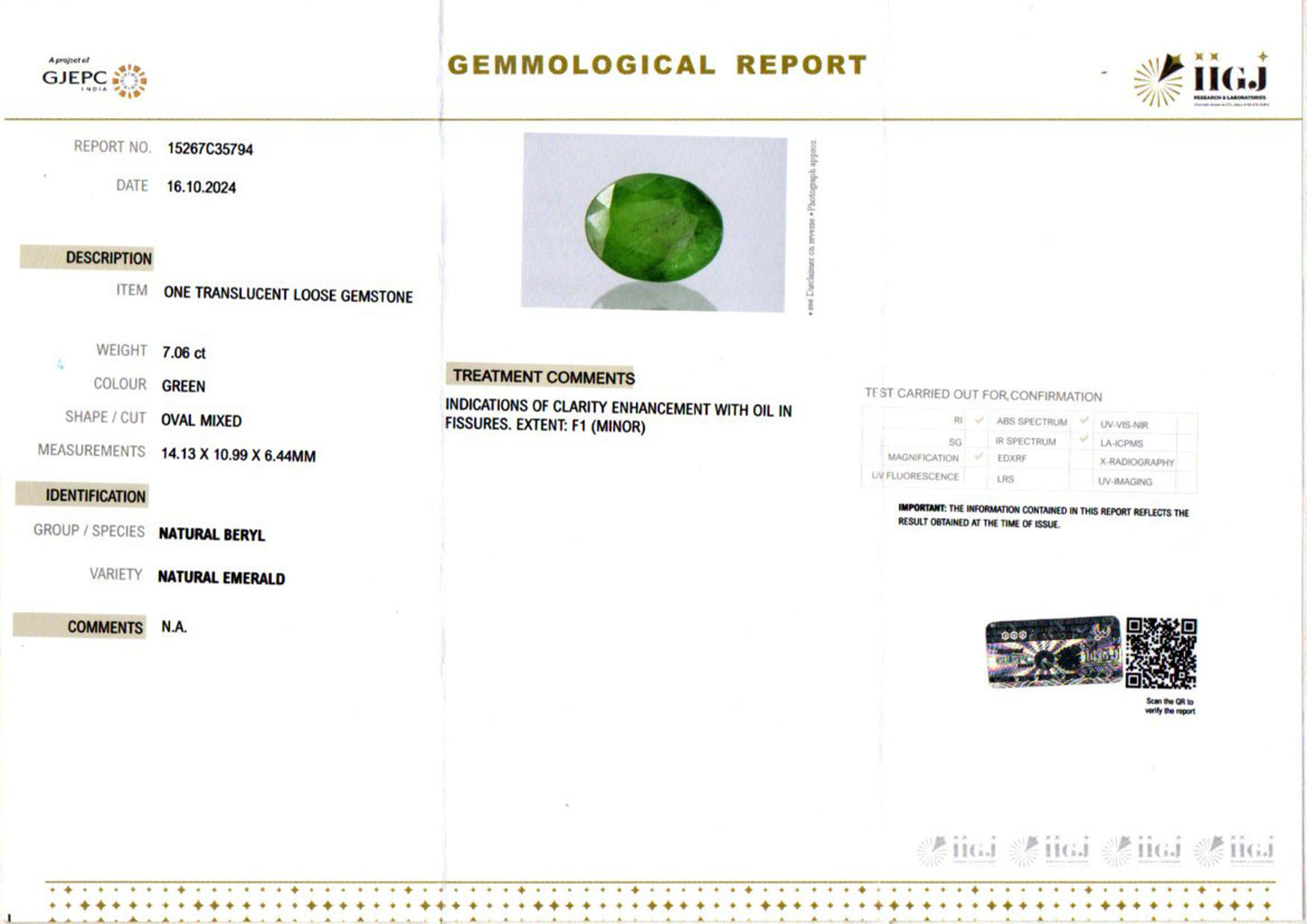 Emerald - 7.06 Carats (Panna - 7.70 Ratti)
