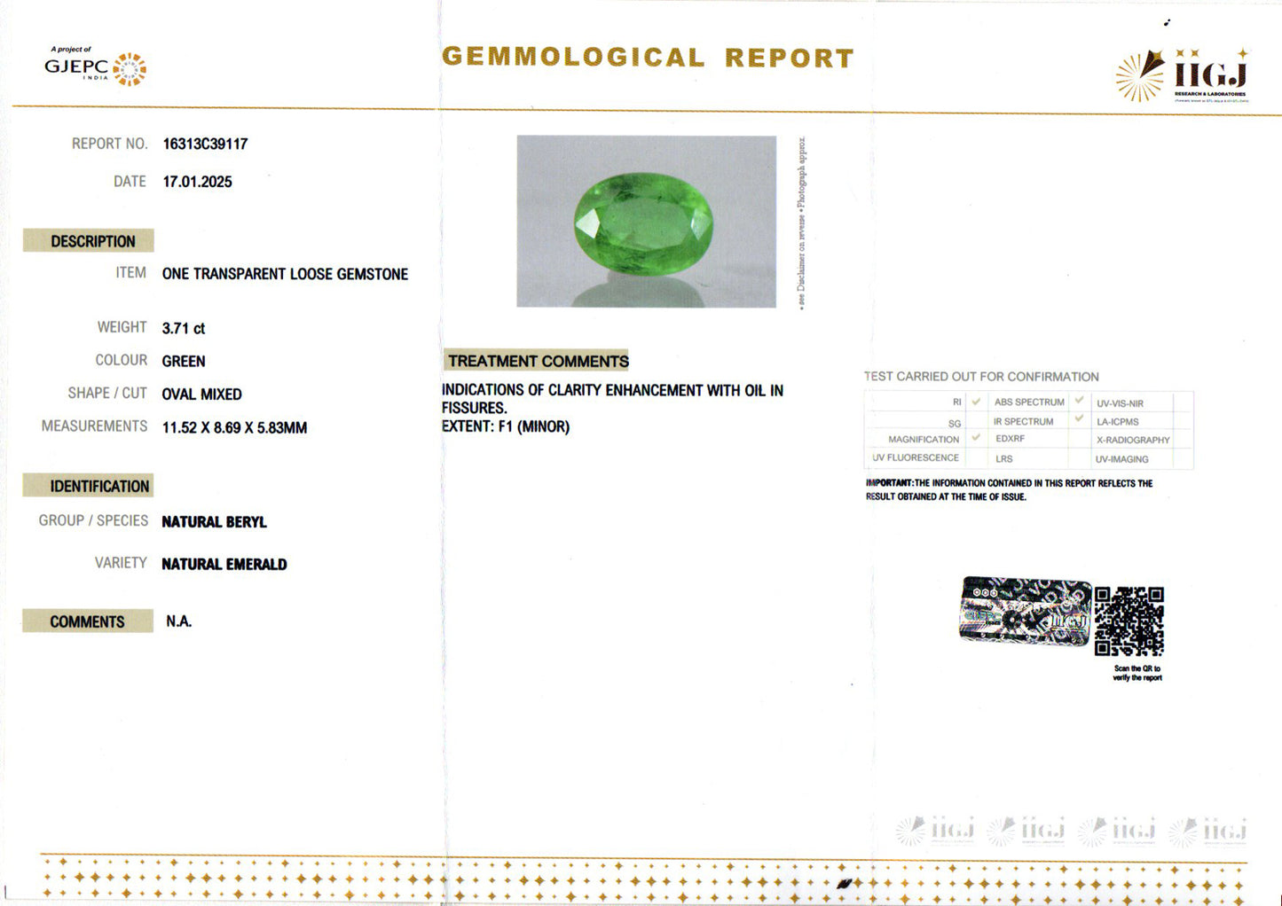 Emerald - 3.71 Carats (Panna - 4.04 Ratti)