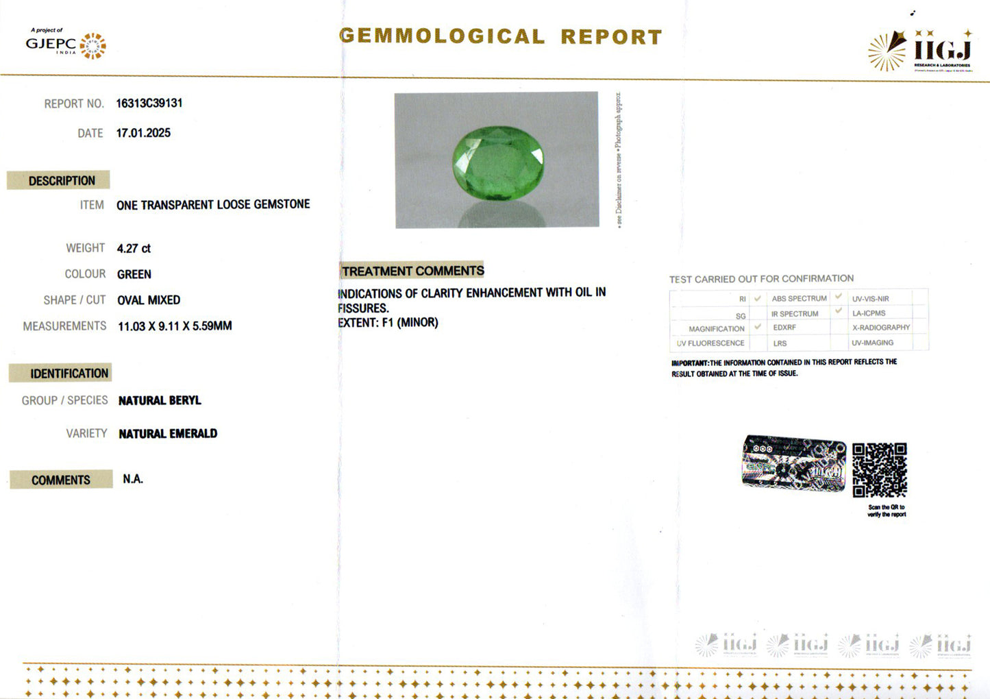 Emerald - 4.27 Carats (Panna - 4.65 Ratti)