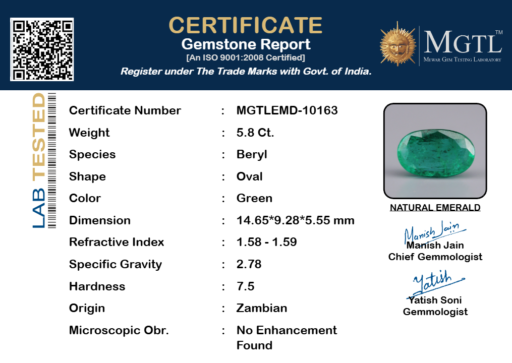 Emerald - 5.80 Carats (Panna - 6.32 Ratti)