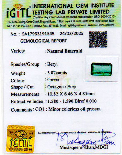 Emerald - 3.07 Carats (Panna - 3.35 Ratti)
