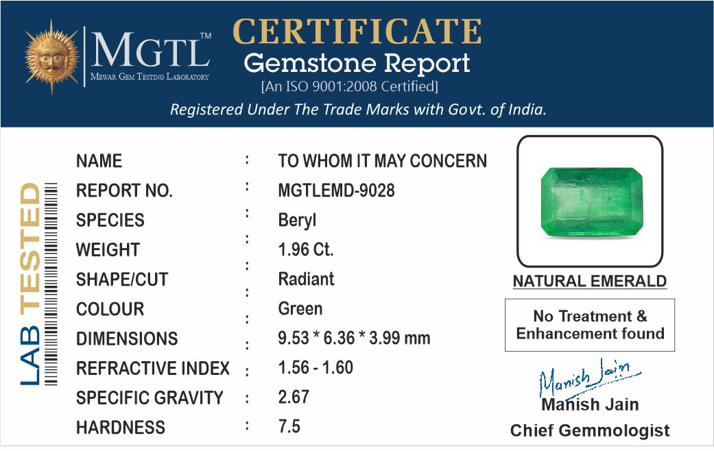 Emerald - 1.96 Carats (Panna - 2.14 Ratti)