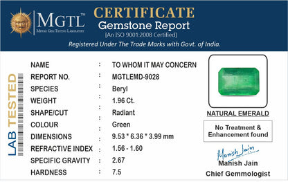Emerald - 1.96 Carats (Panna - 2.14 Ratti)