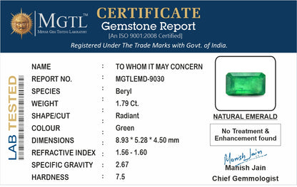 Emerald - 1.79 Carats (Panna - 1.95 Ratti)