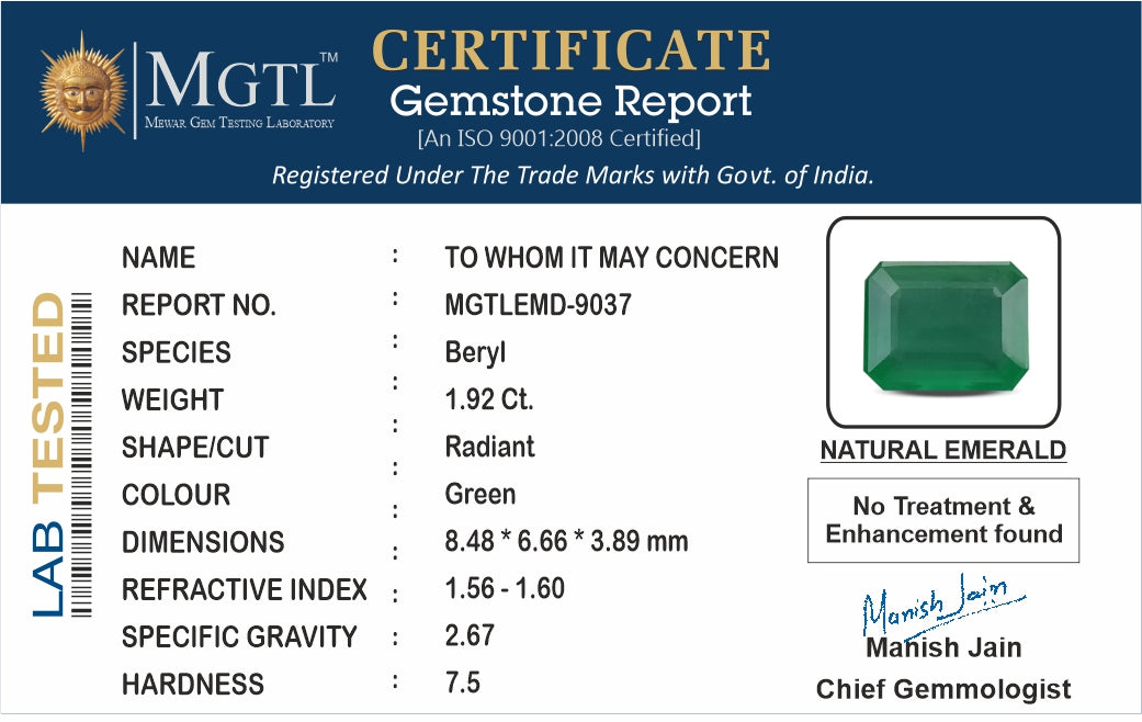 Emerald - 1.92 Carats (Panna - 2.09 Ratti)