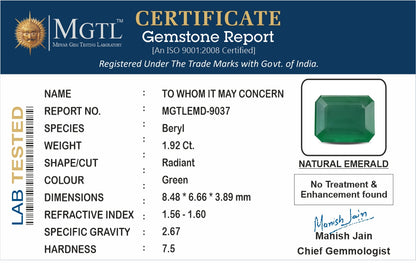 Emerald - 1.92 Carats (Panna - 2.09 Ratti)