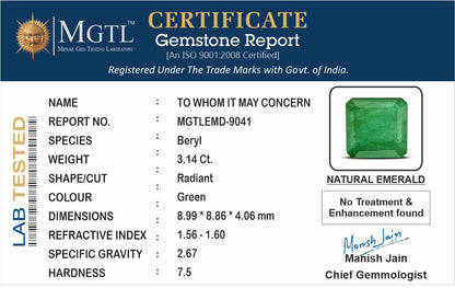 Emerald - 3.14 Carats (Panna - 3.42 Ratti)