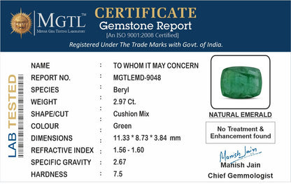 Emerald - 2.97 Carats (Panna - 3.24 Ratti)
