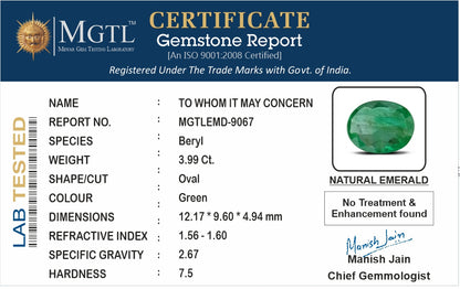 Emerald - 3.99 Carats (Panna - 4.35 Ratti)