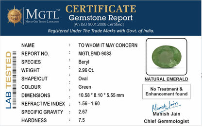 Emerald - 2.96 Carats (Panna - 3.23 Ratti)