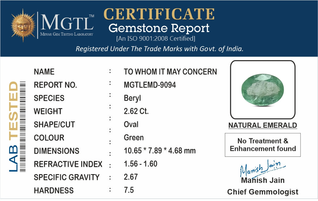Emerald - 2.62 Carats (Panna - 2.86 Ratti)