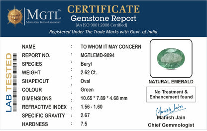 Emerald - 2.62 Carats (Panna - 2.86 Ratti)