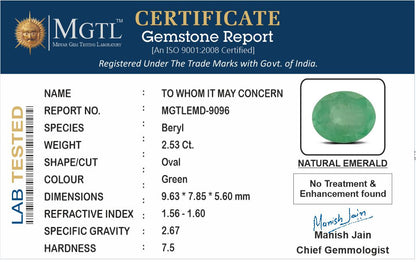 Emerald - 2.53 Carats (Panna - 2.76 Ratti)